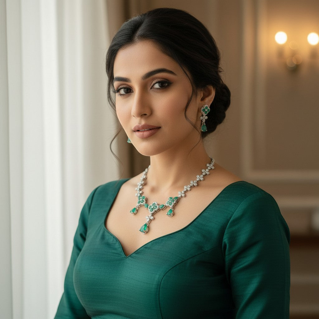AVIRI floral necklace and earring set with green cubic zirconia and clear crystals, rhodium-plated.
