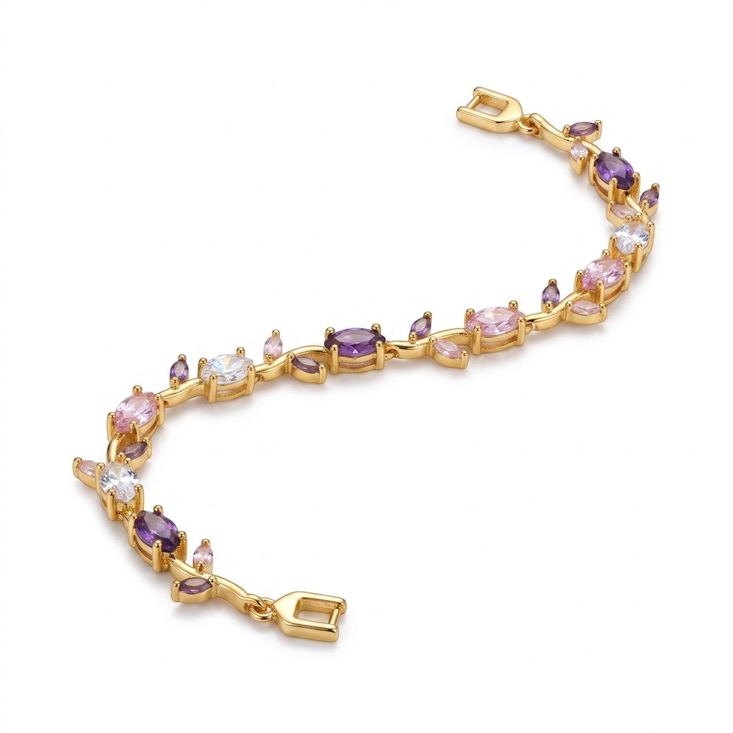 AVIRI floral link bracelet in gold-tone with amethyst, blush pink, and clear marquise gemstones on a white background.