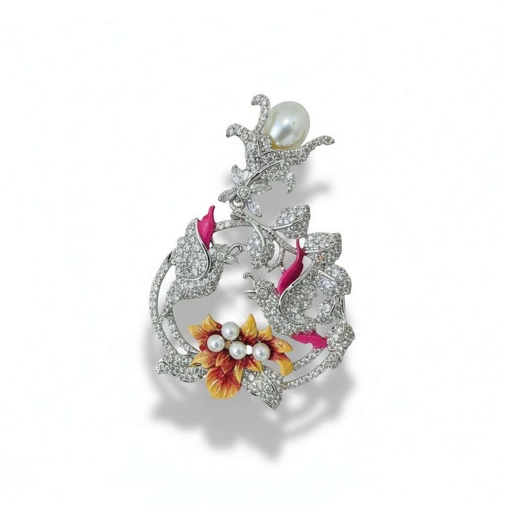 AVIRI floral earrings with pearls, cubic zirconia, and enamel flowers in yellow and red. Sterling silver.