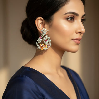 AVIRI floral earrings with pearls, cubic zirconia, and red/yellow enamel flowers. Sterling silver.