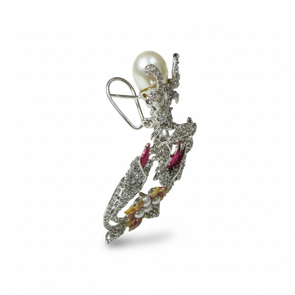 AVIRI floral sterling silver earrings with pearl, cubic zirconia, and enamel flowers in yellow and red.