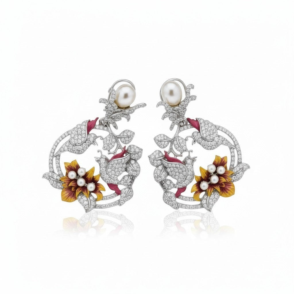 AVIRI floral earrings with pearls, cubic zirconia, yellow and red enamel flowers, and sterling silver.