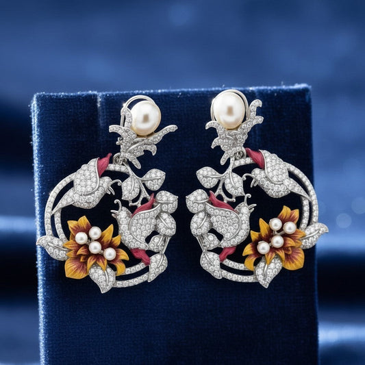 AVIRI floral earrings with pearls, yellow & red enamel flowers, and cubic zirconia on sterling silver.
