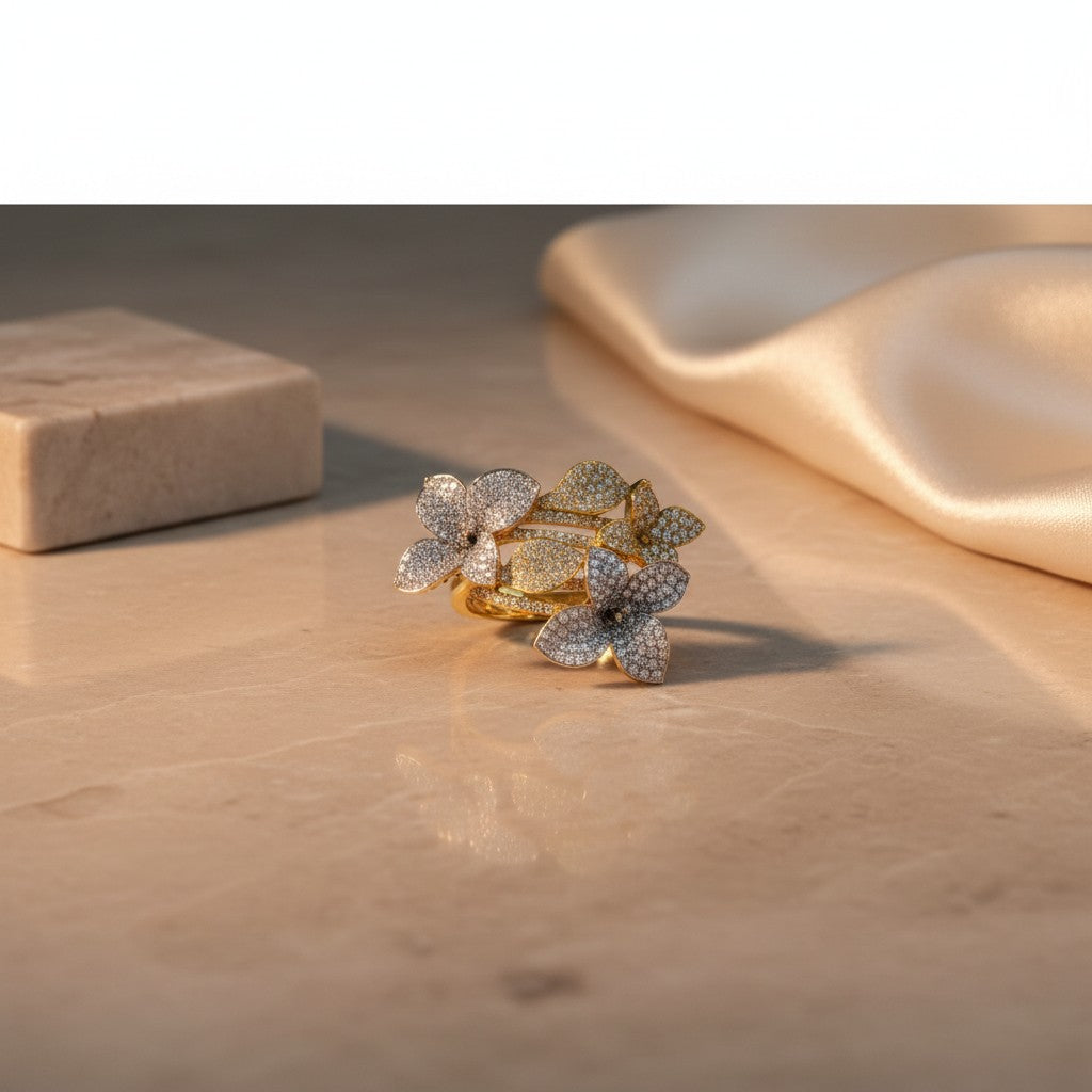 AVIRI floral cluster statement ring with pave details in gold and silver tones, featuring sparkling stones.