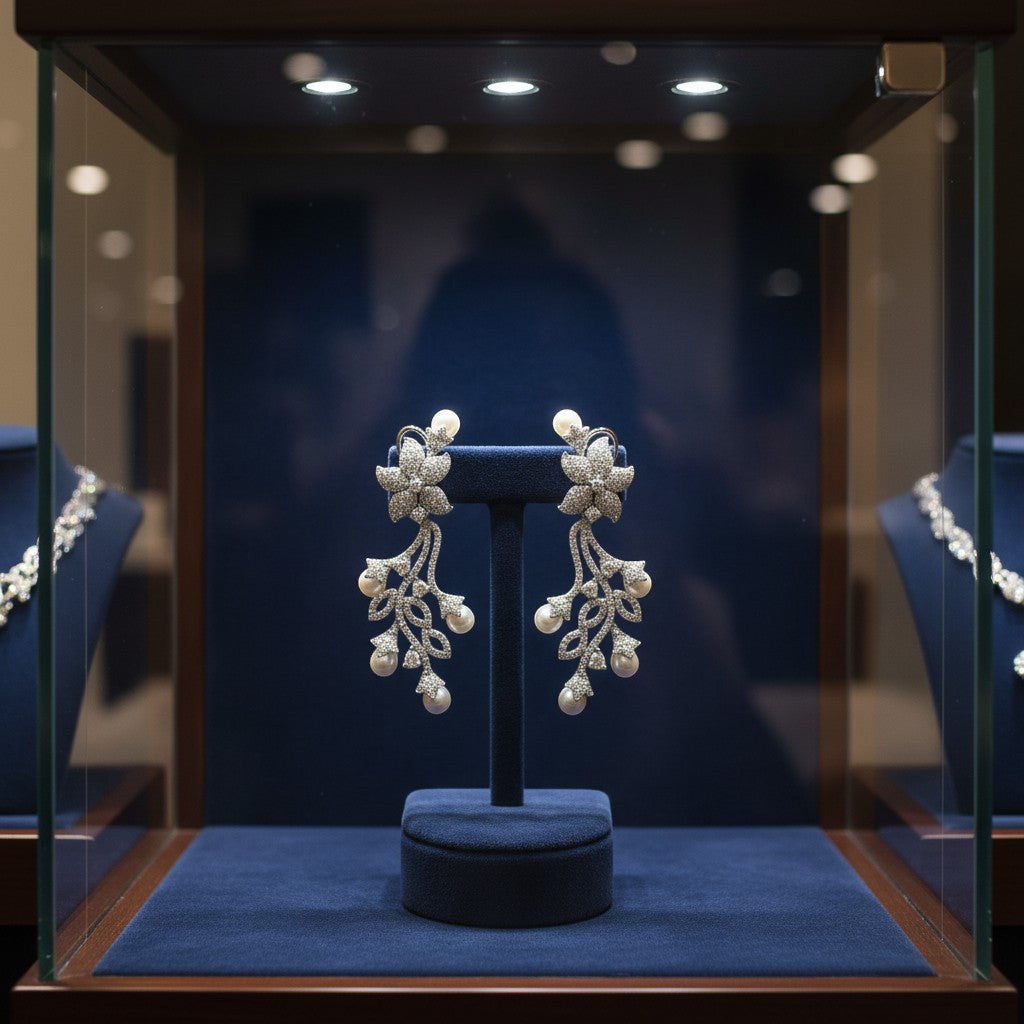 AVIRI floral vine drop earrings with pearls and cubic zirconia in sterling silver.