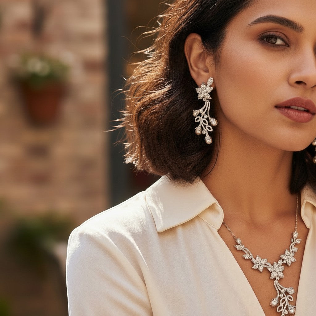 AVIRI floral vine drop earrings with pearls and cubic zirconia in sterling silver. Elegant statement jewelry.