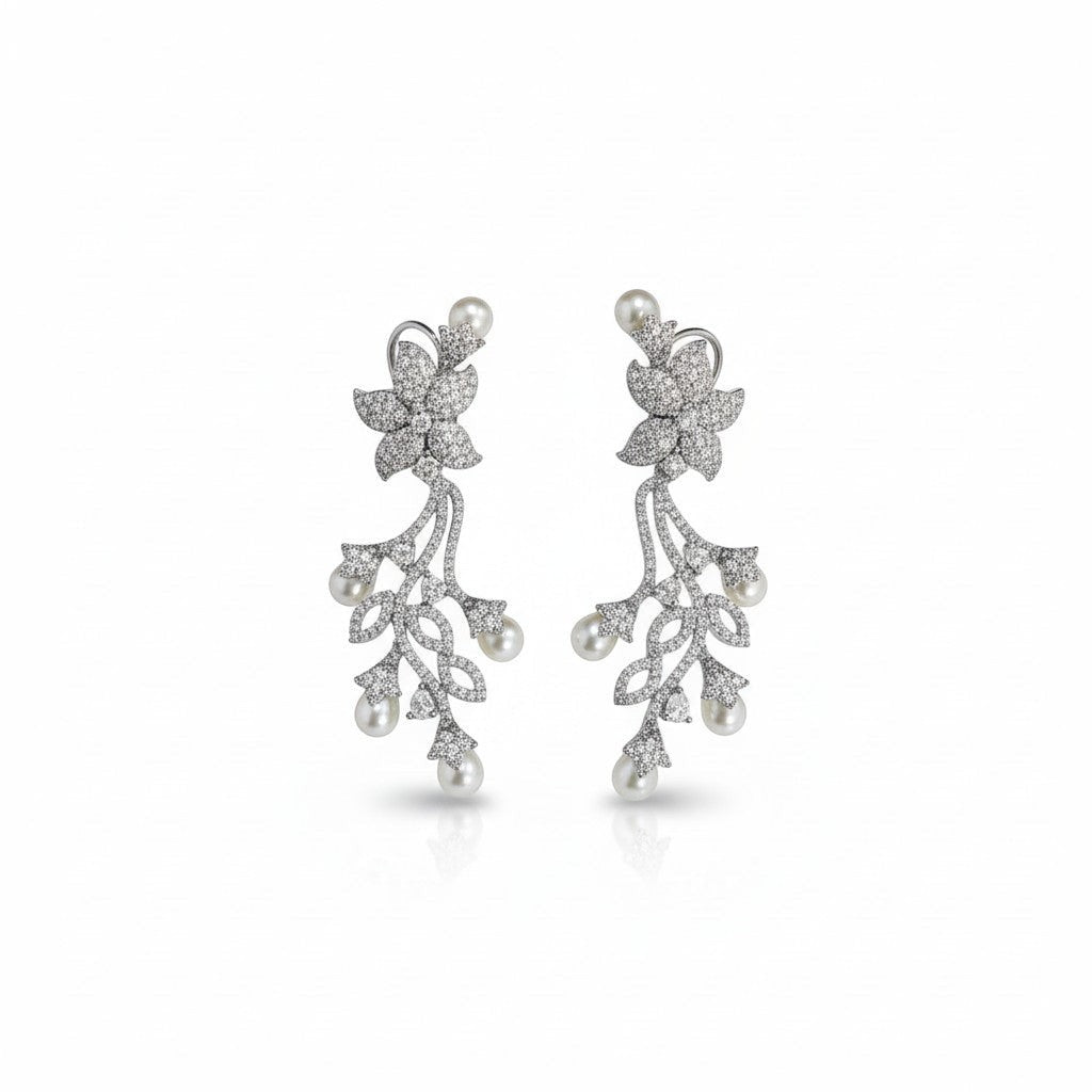 AVIRI floral vine drop earrings with pearls and cubic zirconia in sterling silver.