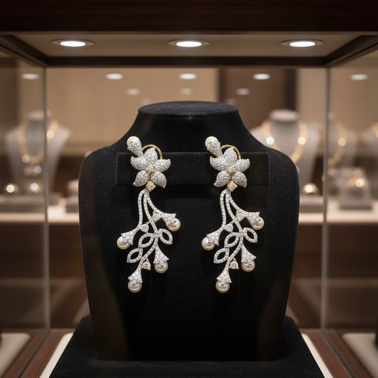 AVIRI floral vine drop earrings with pearls and cubic zirconia in sterling silver.