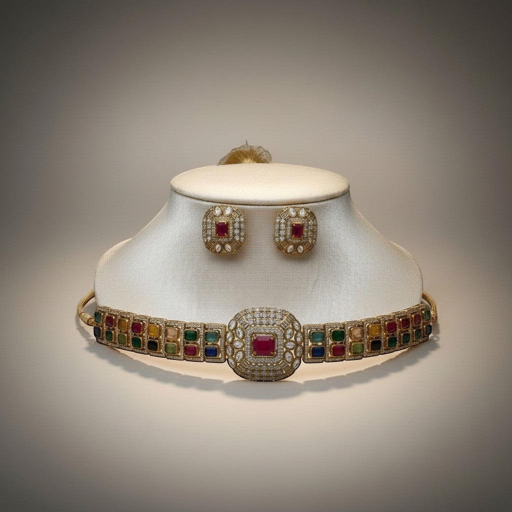 Statement Gemstone Choker Necklace and Earring Set