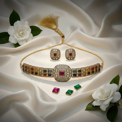 Multi-Stone Choker Necklace Set — Gold Tone Ruby & Emerald | Statement
