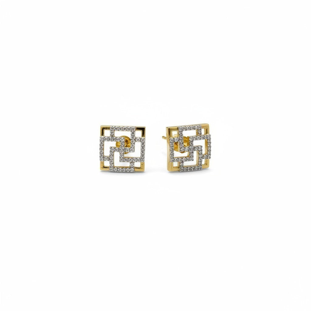 AVIRI gold tone geometric stud earrings with cubic zirconia and openwork square design.