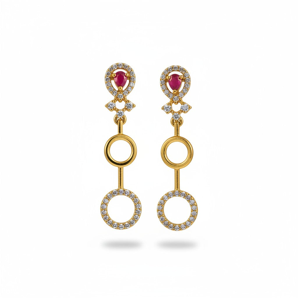 AVIRI gold polish drop earrings with red AD stones and circular diamond-encrusted drops.
