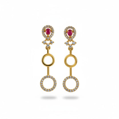AVIRI gold polish drop earrings with red AD stones and circular diamond-encrusted drops.