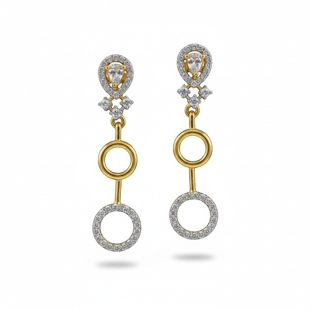 AVIRI gold polish drop earrings with clear AD stones and circular design. Features a pear-shaped stone at the top.