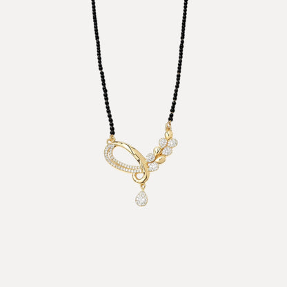 AVIRI gold-toned Mangalsutra necklace with black beads and a fluid pendant featuring shimmering white stones