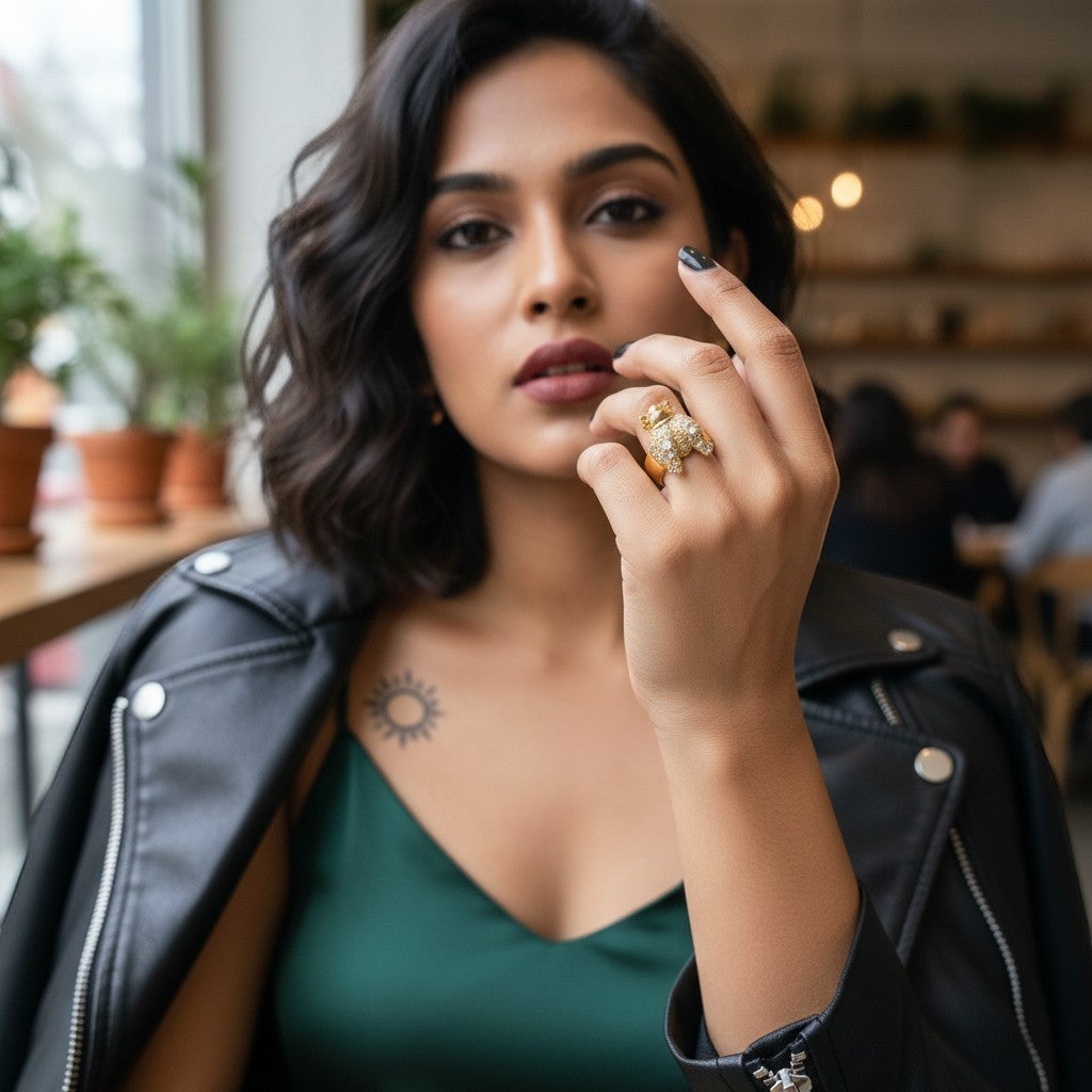 AVIRI gold-tone adjustable ring shaped like a bee, adorned with sparkling cubic zirconia stones.