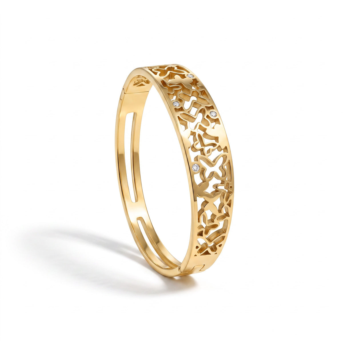 AVIRI 18K gold-plated cuff bracelet featuring an intricate butterfly cutout design with sparkling AD stone accents.