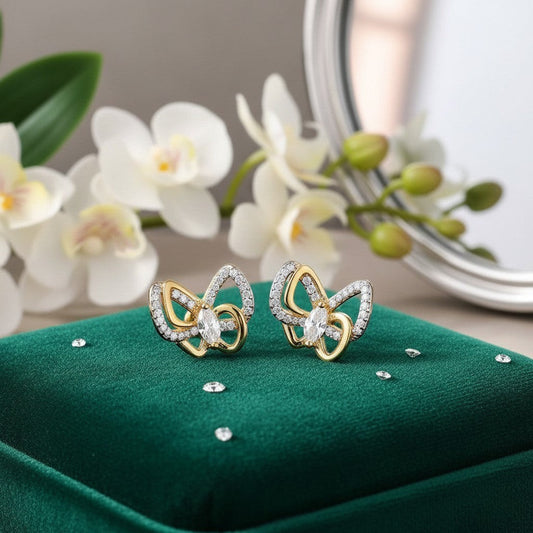 AVIRI gold-tone butterfly stud earrings with cubic zirconia and marquise-cut stone.