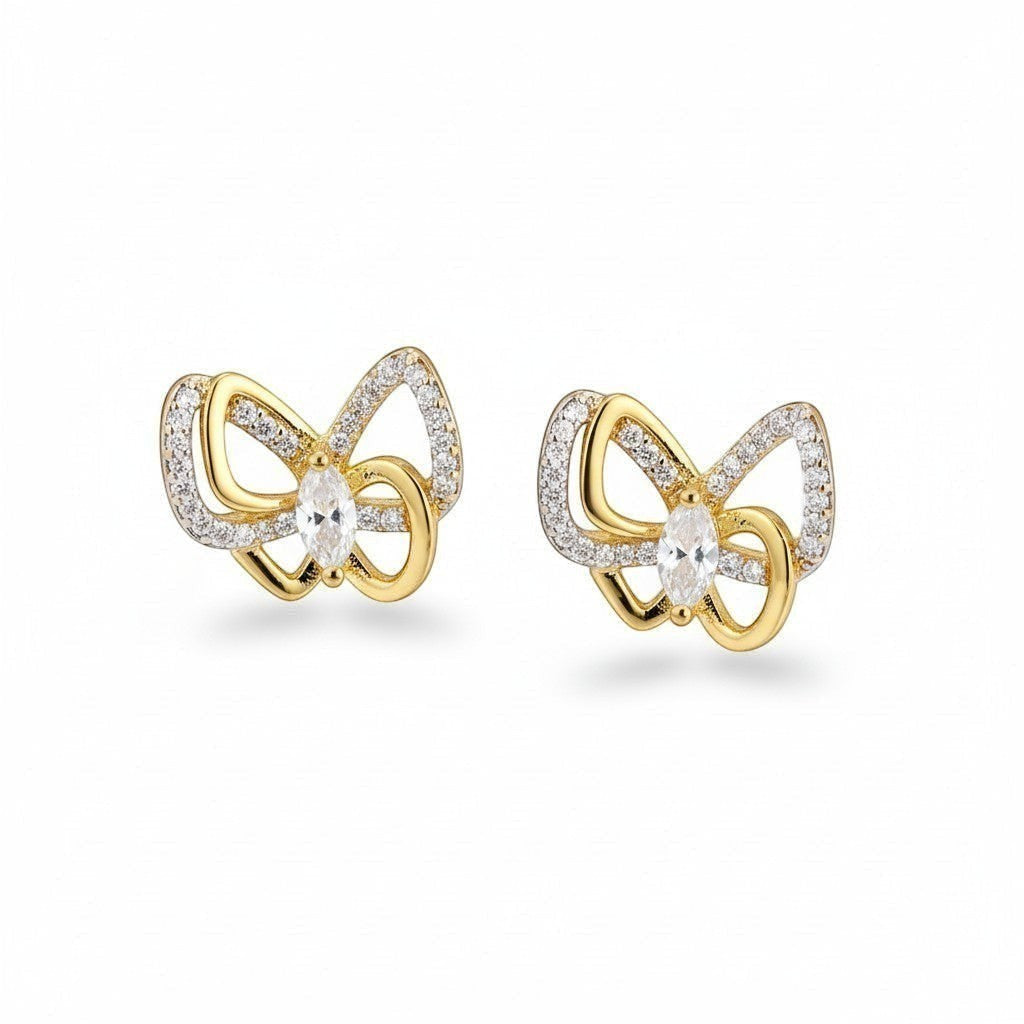 AVIRI gold-tone butterfly stud earrings with cubic zirconia and marquise-cut stone.