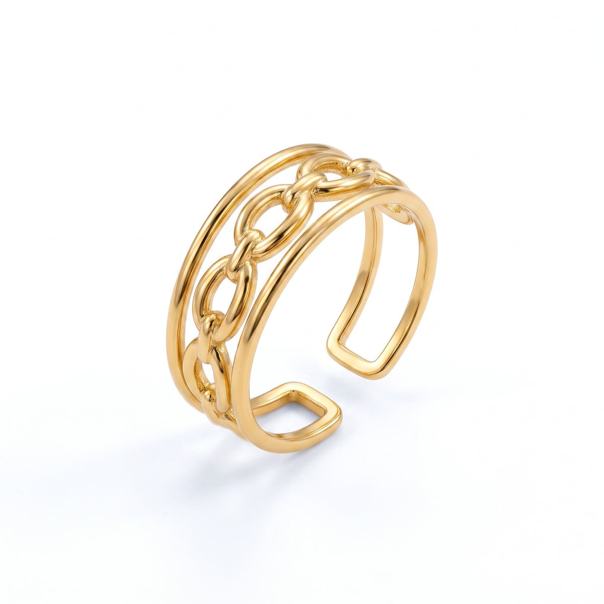 AVIRI gold-tone multi-layered chain link adjustable ring with a polished finish and open-back design.
