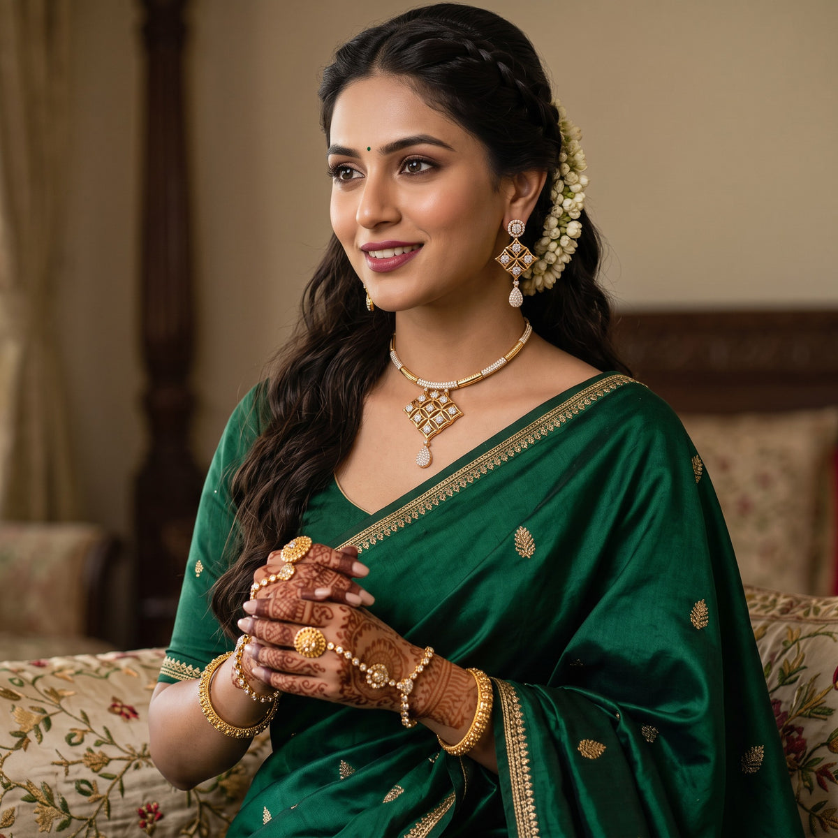 AVIRI gold-tone necklace and earring set with geometric crystal pendants worn by a woman in a green silk saree.