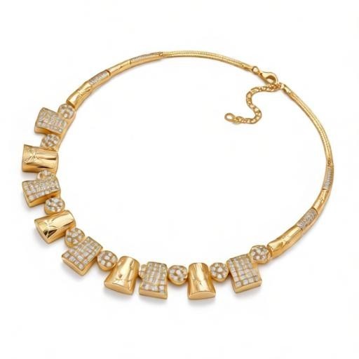 AVIRI gold-tone statement necklace featuring geometric links with crystal-encrusted accents and an adjustable chain.
