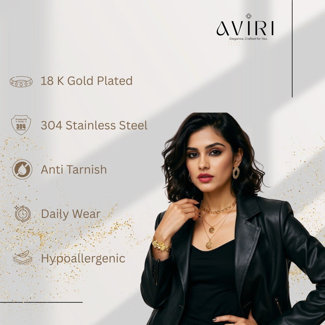 AVIRI gold daisy flower cuff bracelet made of 18K gold plated 304 stainless steel, anti-tarnish and hypoallergenic.