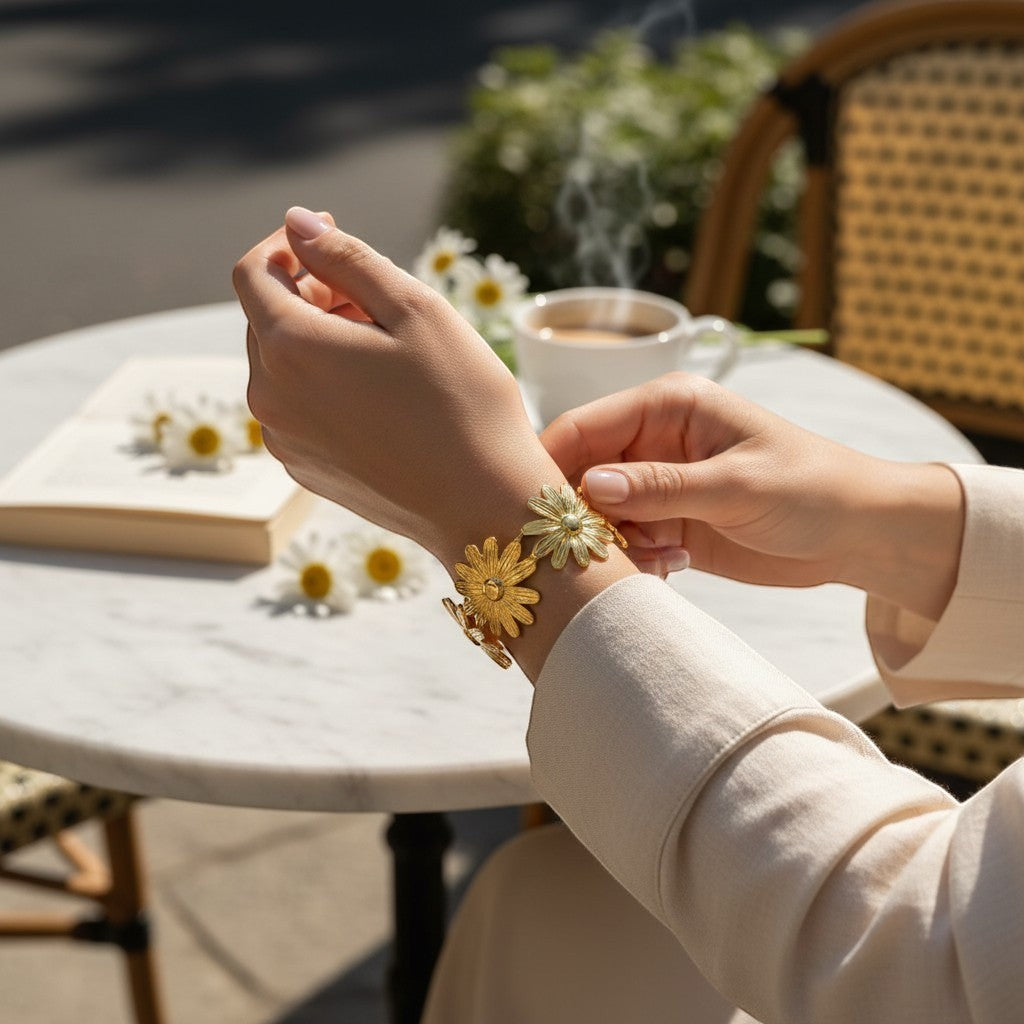 AVIRI gold-tone metal daisy flower cuff bracelet with adjustable fit, detailed floral design.