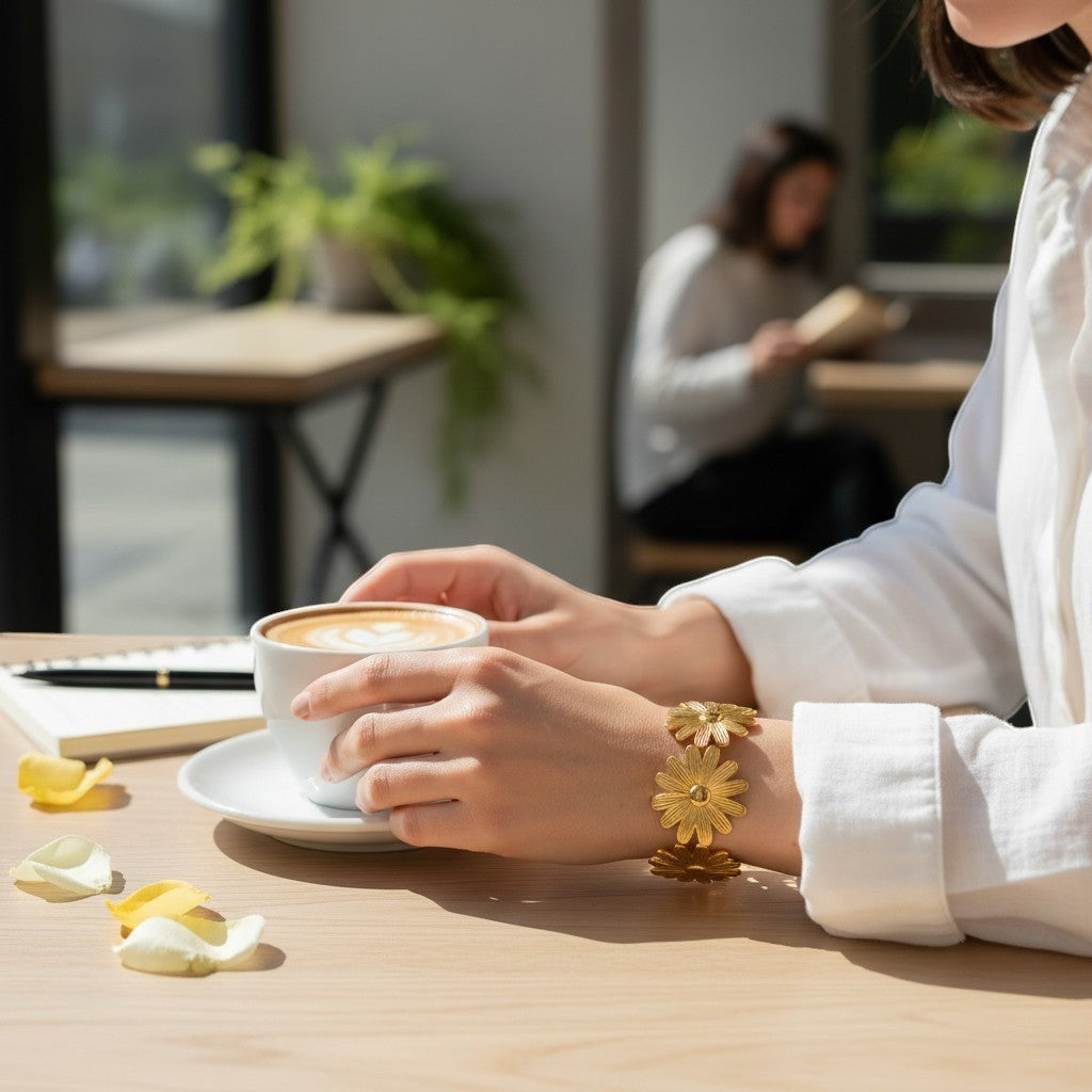 AVIRI gold-tone metal daisy flower cuff bracelet with adjustable fit, worn by a woman holding a coffee cup.