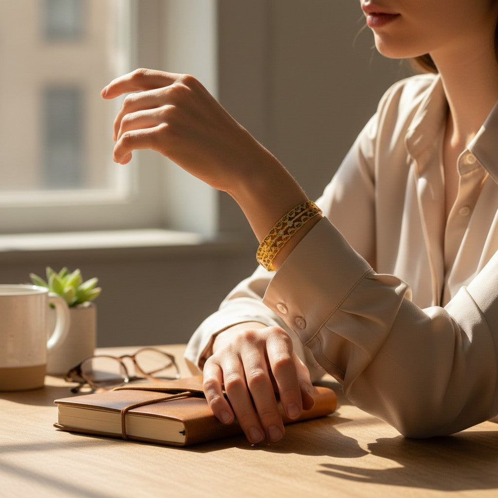 AVIRI gold-tone cuff bracelet with ornate filigree detailing and a leaf motif. Features cut-out design and small clear stones.