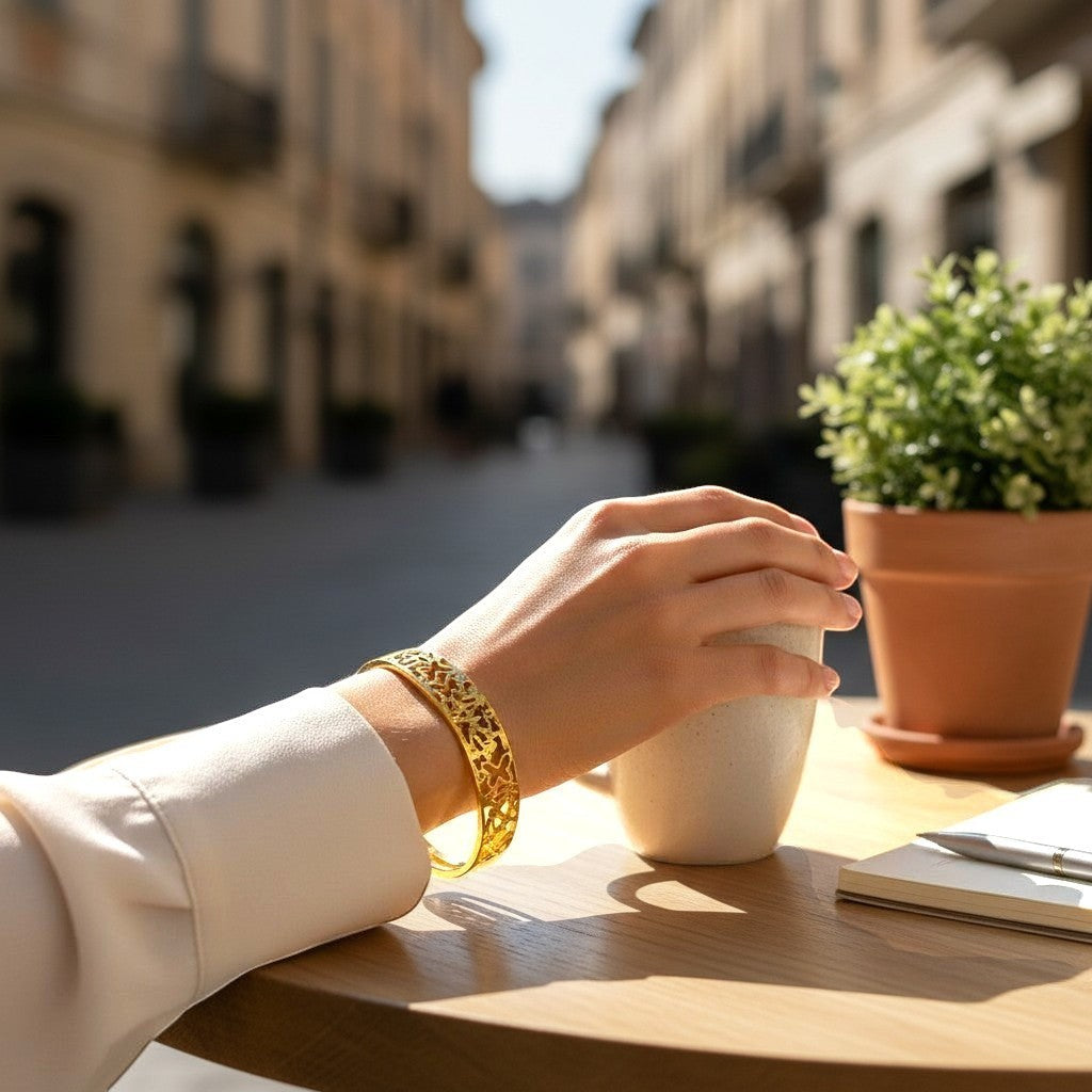 AVIRI gold-tone metal cuff bracelet with ornate filigree openwork design and polished finish.