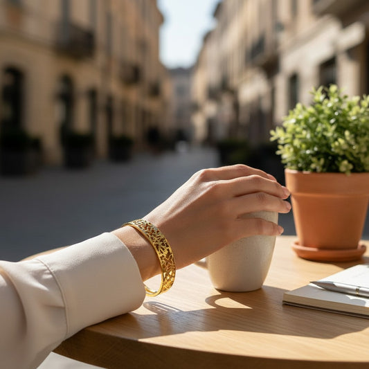AVIRI gold-tone metal cuff bracelet with ornate filigree openwork design and polished finish.