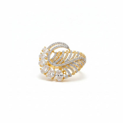 AVIRI gold-tone cocktail ring with cubic zirconia stones in a peacock feather leaf design. Adjustable.
