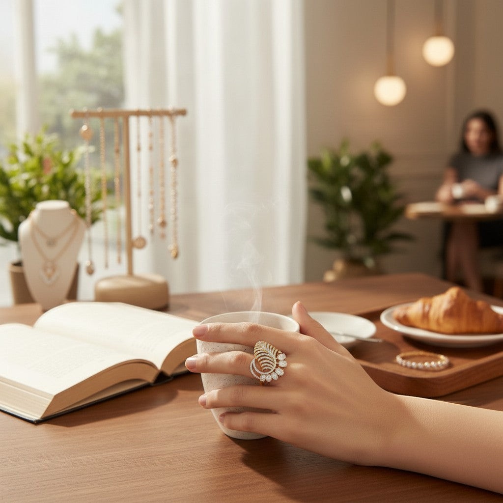 AVIRI gold-tone statement ring with cubic zirconia stones in a leaf design. Adjustable cocktail ring.