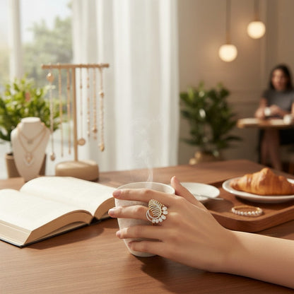 AVIRI gold-tone statement ring with cubic zirconia stones in a leaf design. Adjustable cocktail ring.