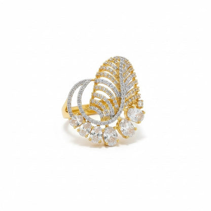AVIRI gold-tone statement ring with leaf design and cubic zirconia stones. Adjustable cocktail ring.