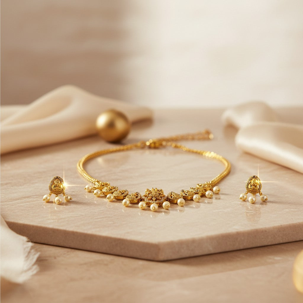 AVIRI traditional gold-plated necklace and pearl drop earrings set with intricate detailing.