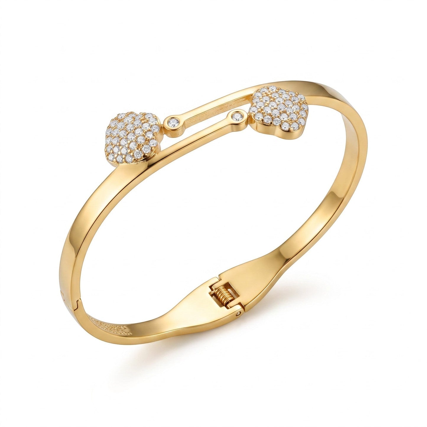 AVIRI gold-tone hinged bangle bracelet featuring two clover-inspired motifs with pavé-set crystals and a secure clasp.