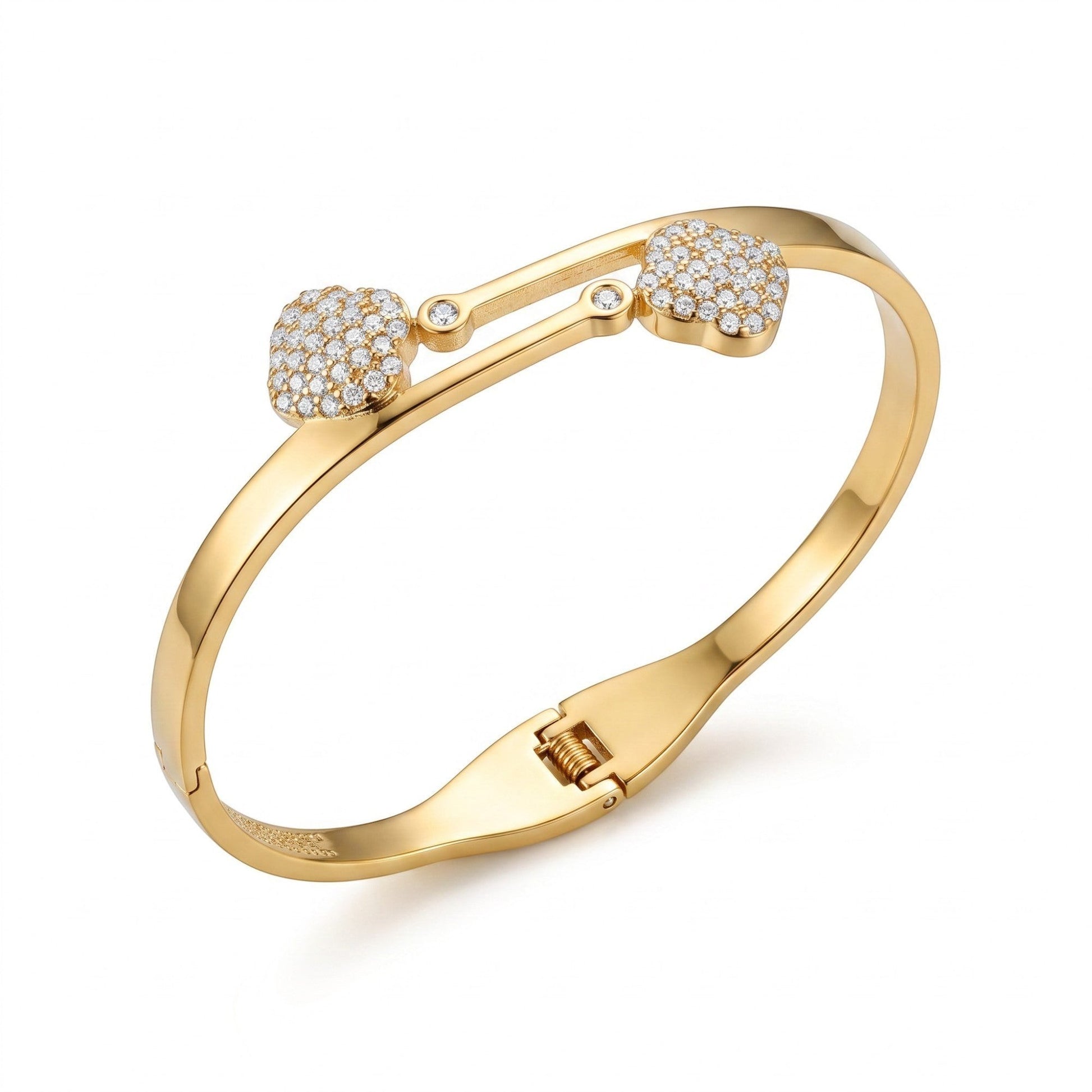 AVIRI gold-tone hinged bangle bracelet featuring two clover-inspired motifs with pavé-set crystals and a secure clasp.