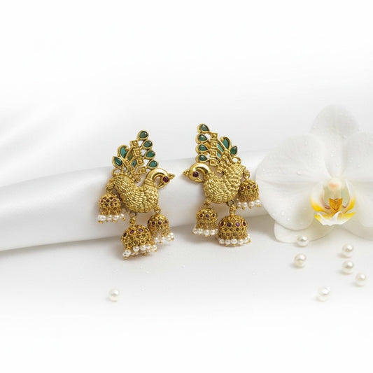 AVIRI antique gold peacock jhumka earrings with green stones and pearls