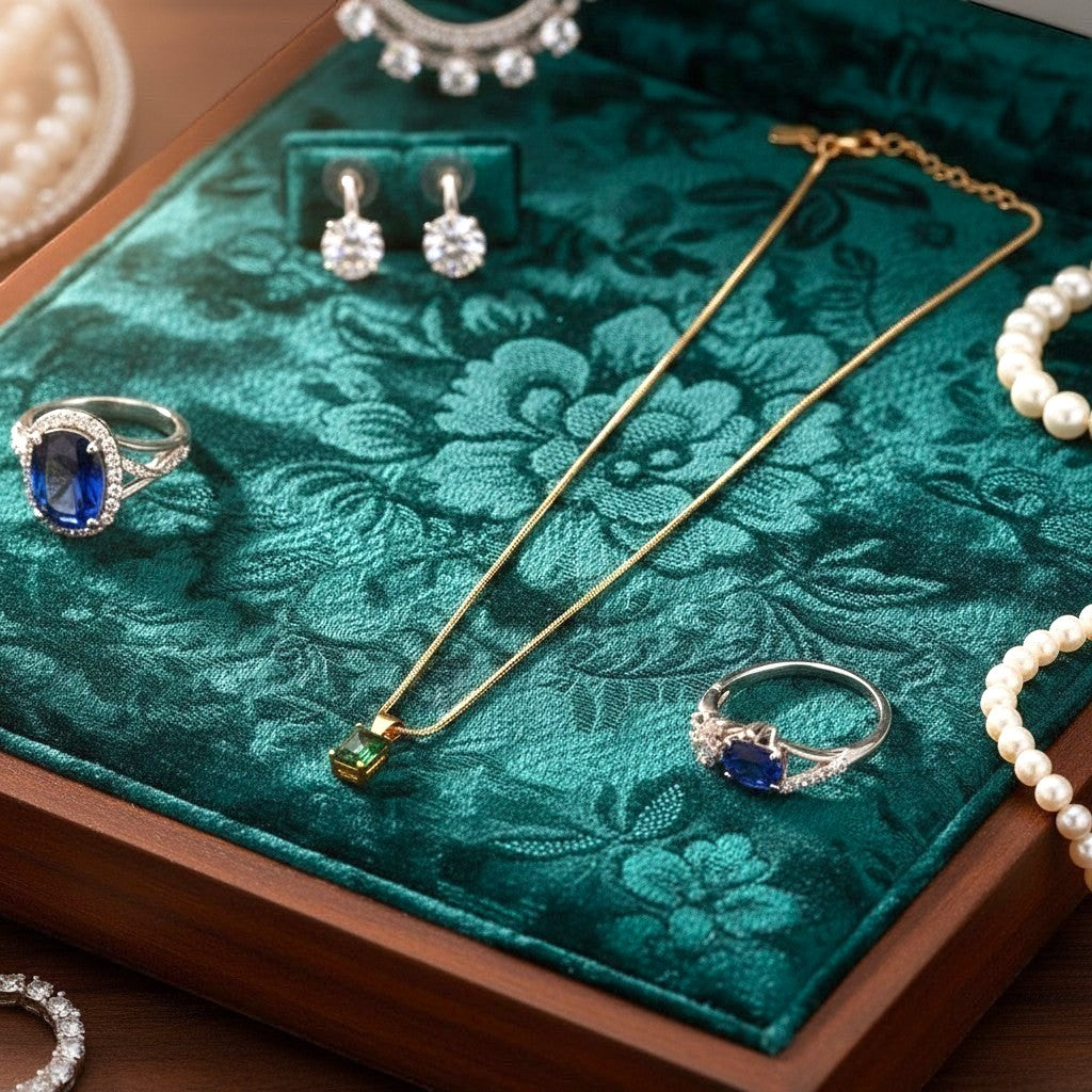 AVIRI anti-tarnish gold plated necklace with a rectangular emerald green pendant on a delicate snake chain.