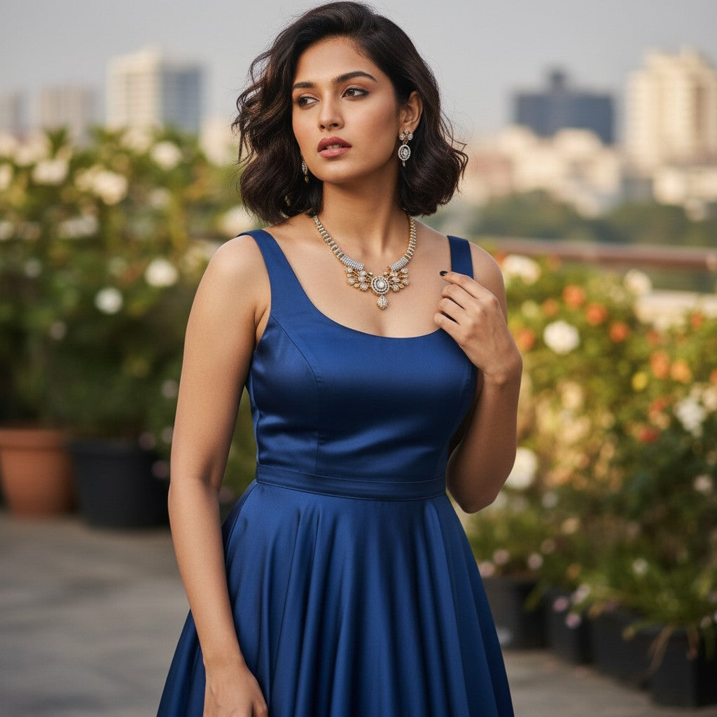 AVIRI gold-plated necklace and earring set with cubic zirconia stones and leaf motifs. Elegant jewelry for special occasions.