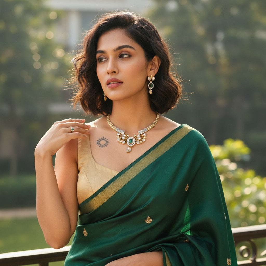AVIRI gold-plated necklace and earring set with green cubic zirconia and leaf motifs.
