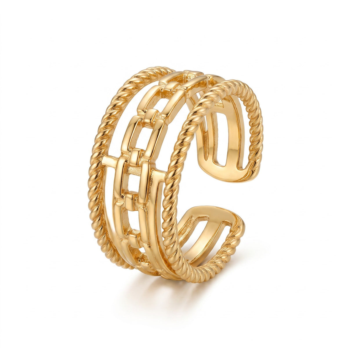 AVIRI gold-tone multi-layered statement ring featuring rope-textured bands and a central chain-link design.