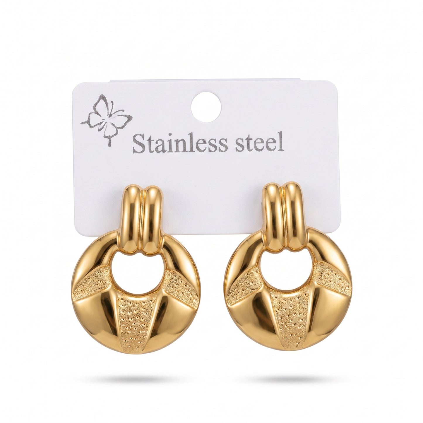 AVIRI gold-tone stainless steel circular drop earrings with polished and textured detailing on a display card