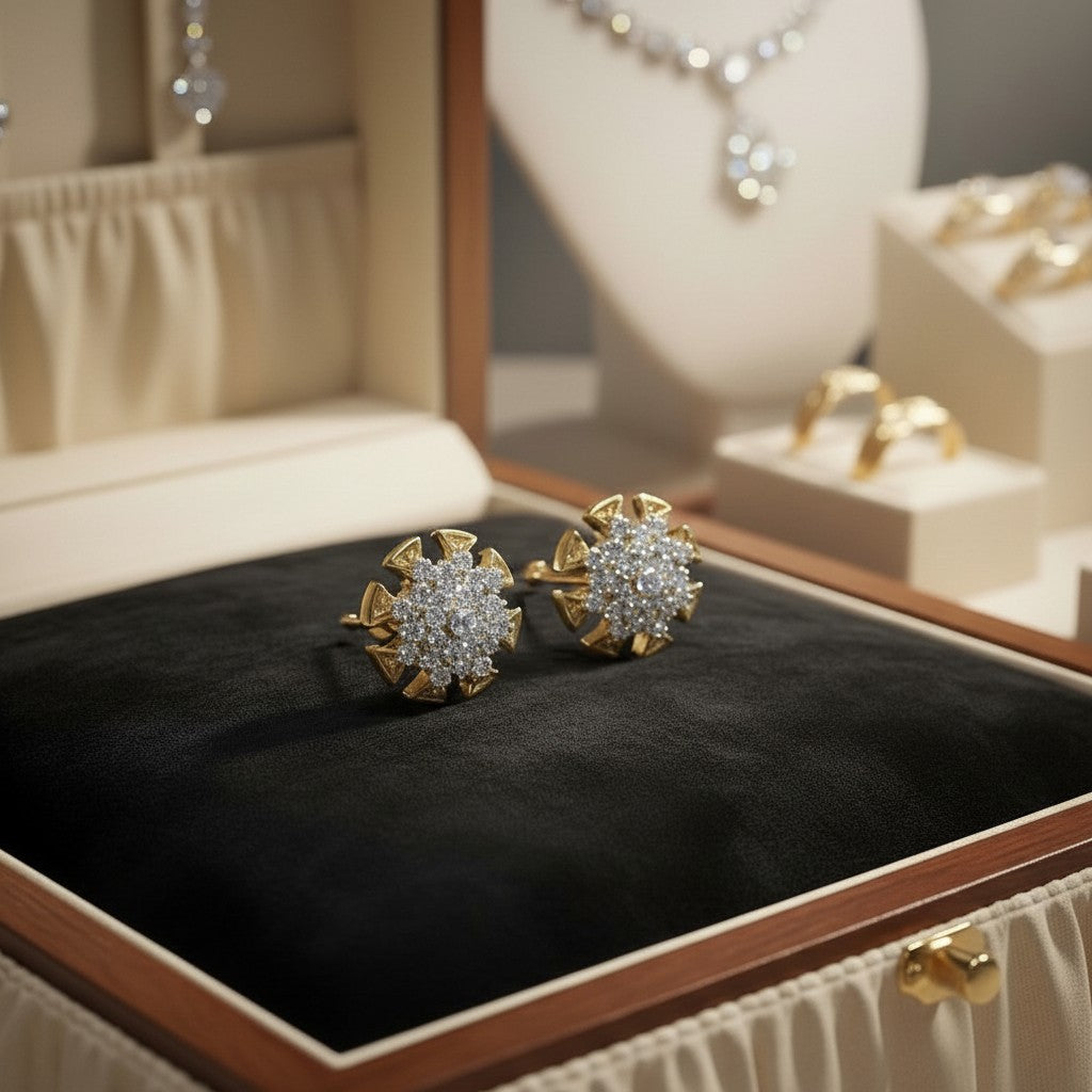 AVIRI gold-tone starburst stud earrings with clear cubic zirconia stones, perfect for adding sparkle.