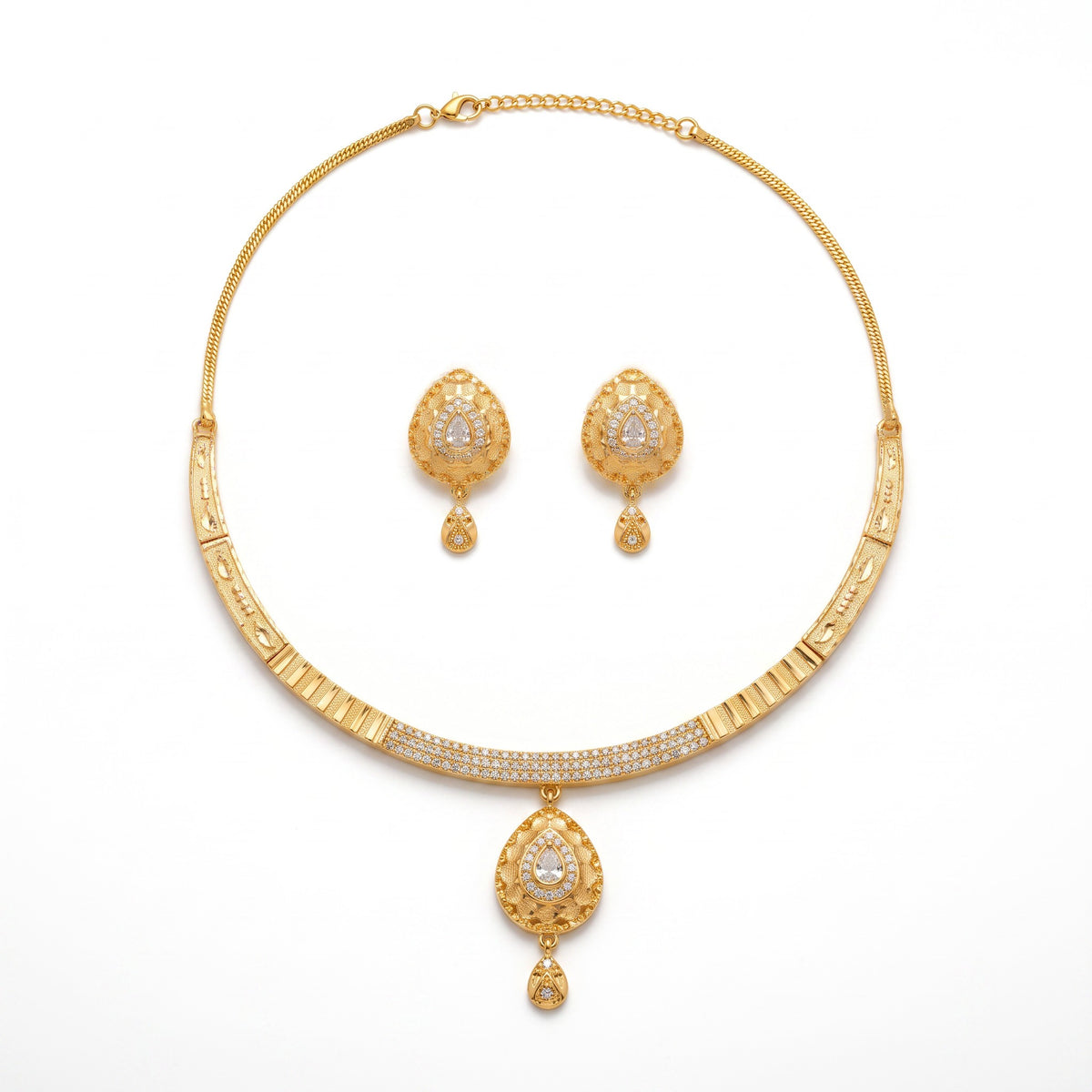 AVIRI gold-toned jewelry set featuring a crystal-encrusted choker necklace with a teardrop pendant and matching studs.