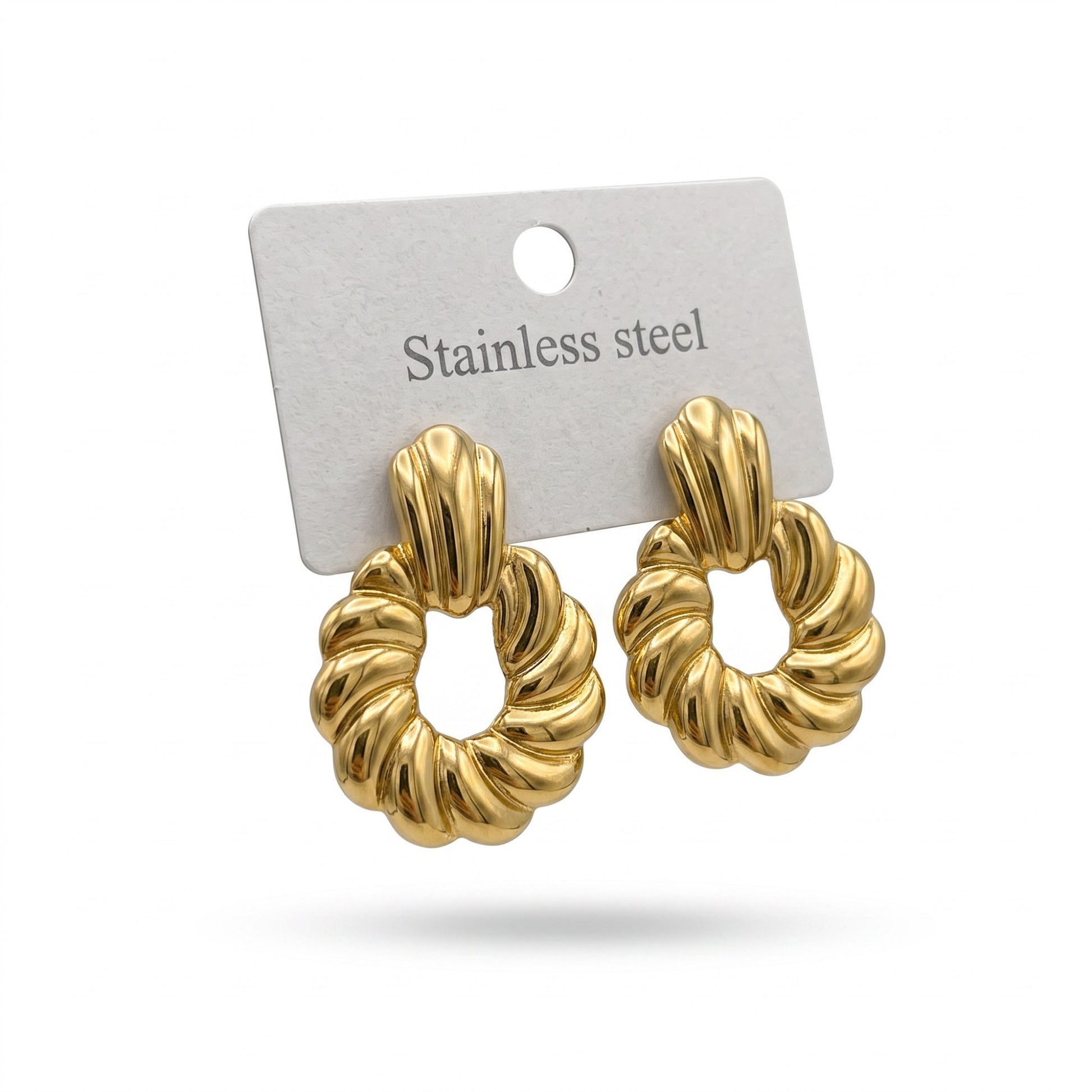 AVIRI gold-tone stainless steel hoop earrings with a vintage-inspired knotted rope texture on a display card.