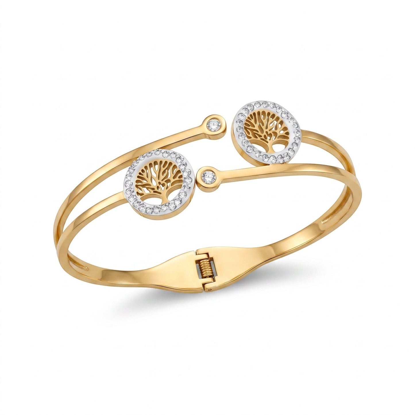 AVIRI gold-tone hinged bangle bracelet featuring two circular Tree of Life motifs accented with clear crystals.
