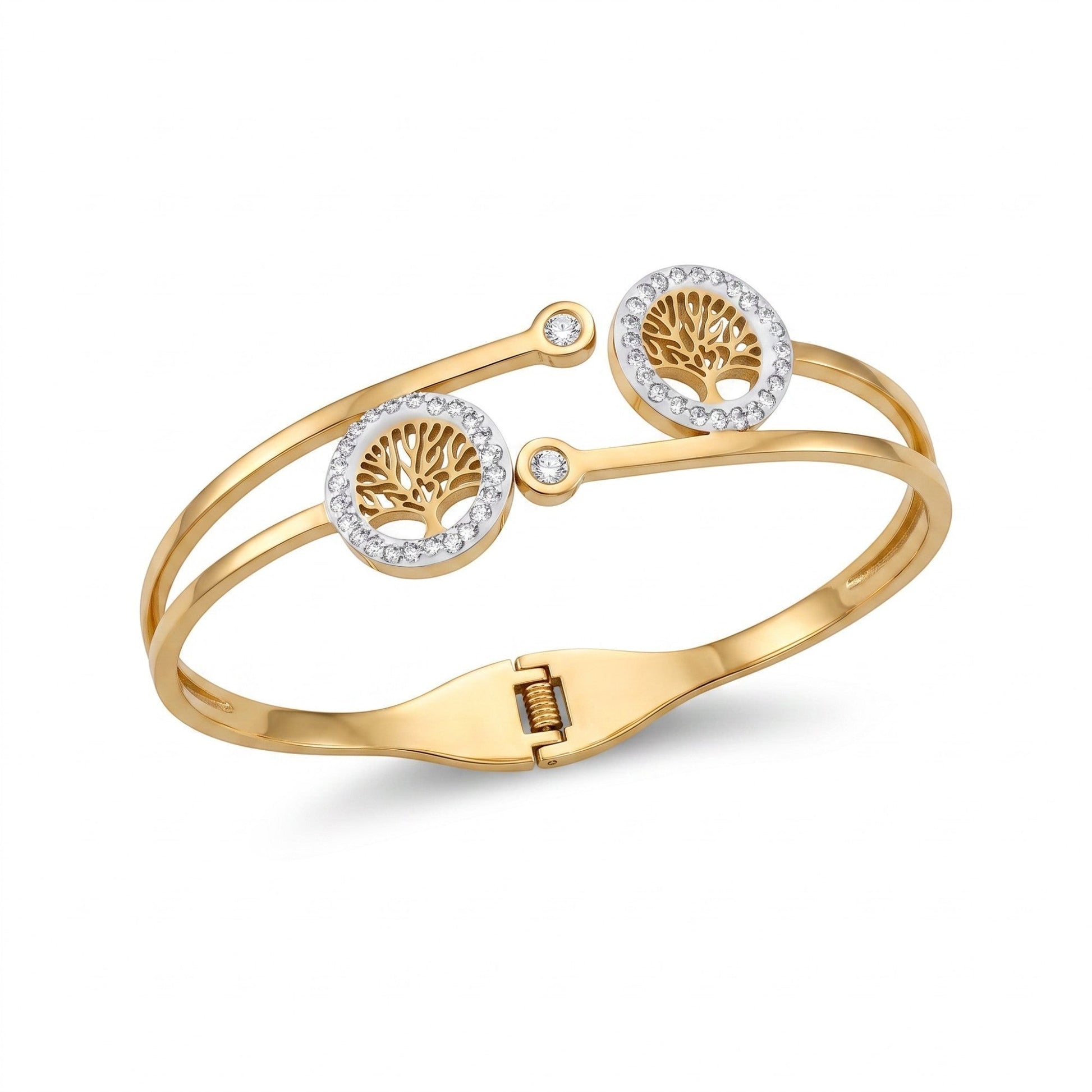 AVIRI gold-tone hinged bangle bracelet featuring two circular Tree of Life motifs accented with clear crystals.